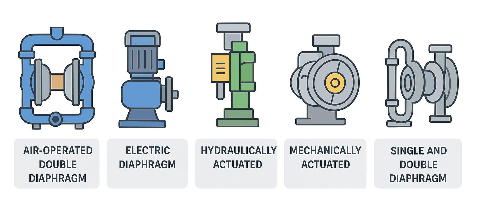 Simplified pump illustrations showing six types of diaphragm pumps: Air-Operated Double Diaphragm (AODD) Pump, Electric Diaphragm Pump, Hydraulically Actuated Diaphragm Pump, Mechanically Actuated Diaphragm Pump, Single Diaphragm Pump, and Double Diaphragm Pump, each labeled with icons.