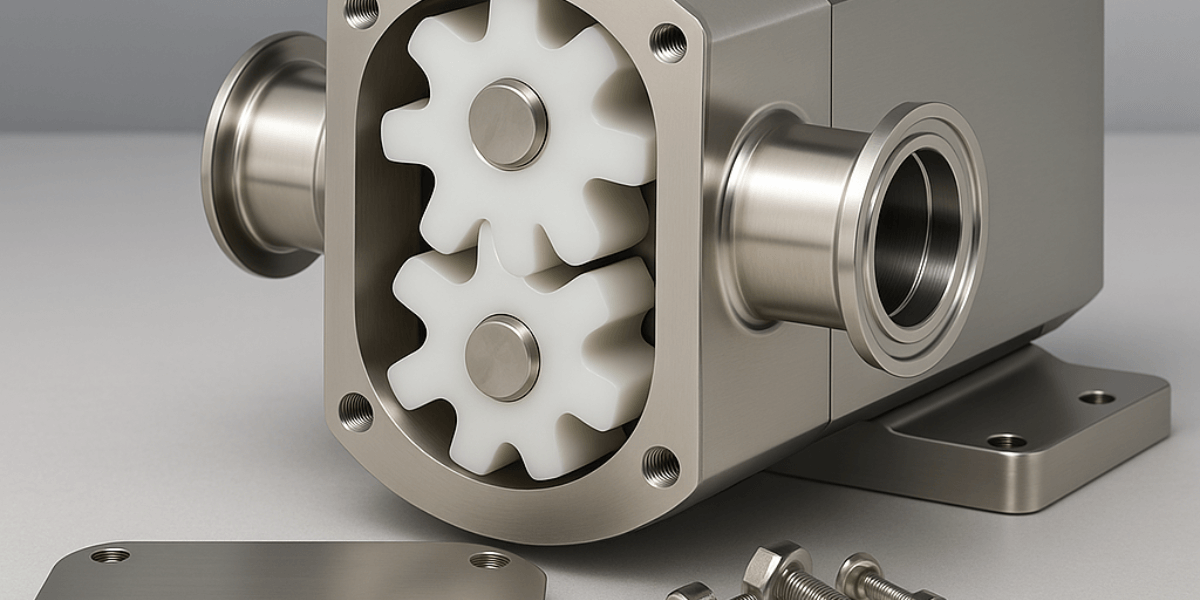 Clean, high-resolution image of a stainless steel gear pump with white internal gears exposed, displayed on a plain background with polished surfaces and visible mounting hardware.