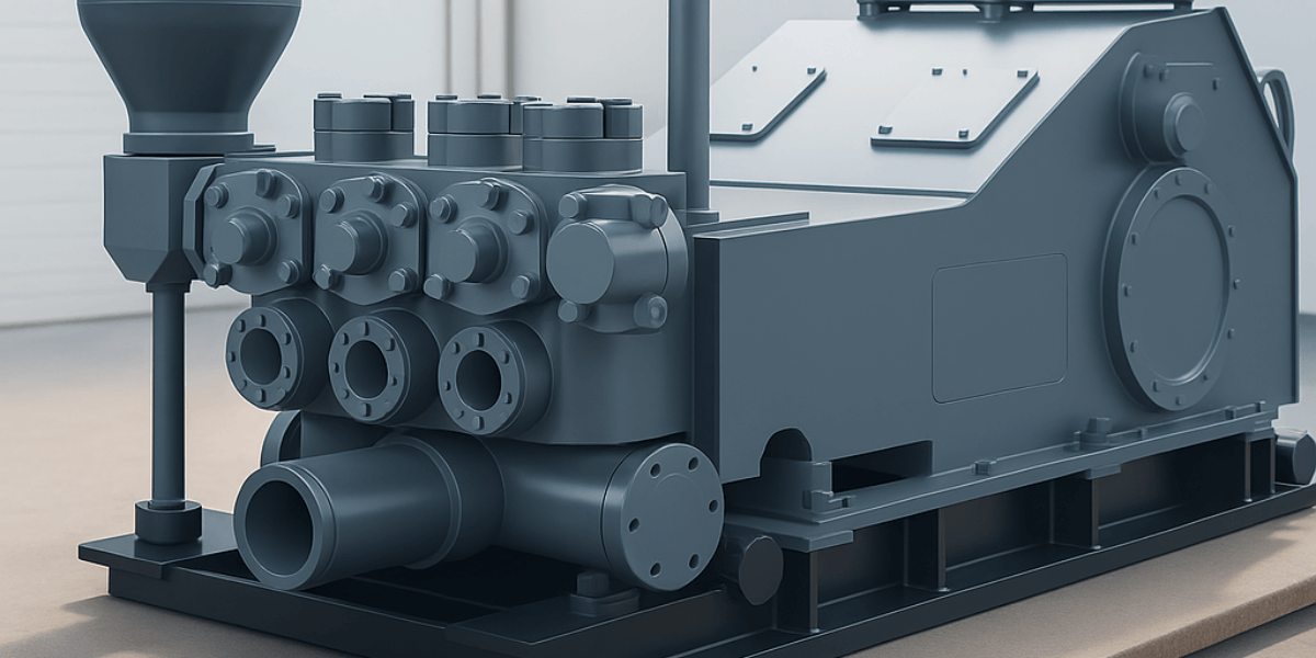 High-resolution image of a freshly painted industrial mud pump in gray color, mounted on a black steel base, positioned outdoors in front of a white industrial building.