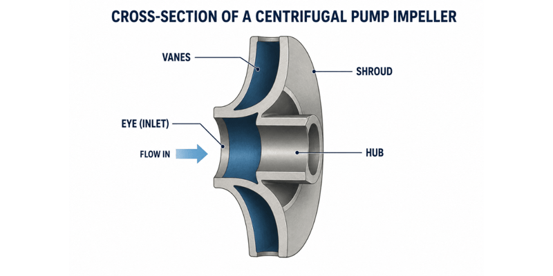 Labeled cross-section of a centrifugal pump impeller showing the vanes, eye (inlet), shroud, and hub.