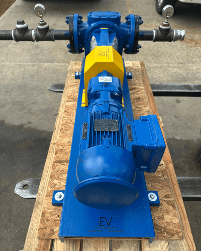 Desmi/Rotan gear pump and electric motor mounted on a blue painted baseplate, built by EV Pump & Equipment to suction-lift drilling mud for Aerion's ARM real-time monitoring system on active drilling rigs.