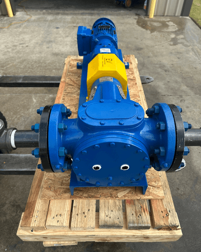 Desmi/Rotan gear pump and electric motor mounted on a blue painted baseplate, built by EV Pump & Equipment to suction-lift drilling mud for Aerion's ARM real-time monitoring system on active drilling rigs.