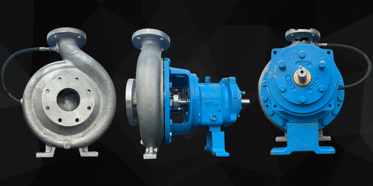 Three industrial centrifugal pumps displayed side-by-side, showing different angles including front, side, and back views, with metallic and blue-painted housings against a dark geometric background.