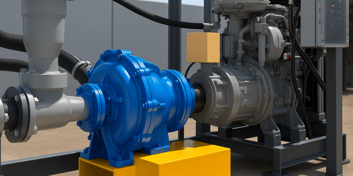 Clean, high-resolution image of an industrial centrifugal pump system featuring a glossy blue volute pump connected to gray piping and a diesel-powered motor, mounted on a yellow platform with surrounding control and fluid handling components.