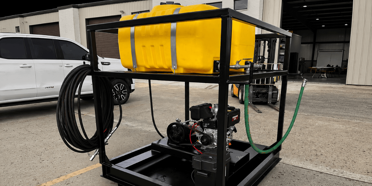 Chemical injection pump skid with yellow polyethylene tank, engine-driven pump, and hose assembly mounted on a heavy-duty steel frame.