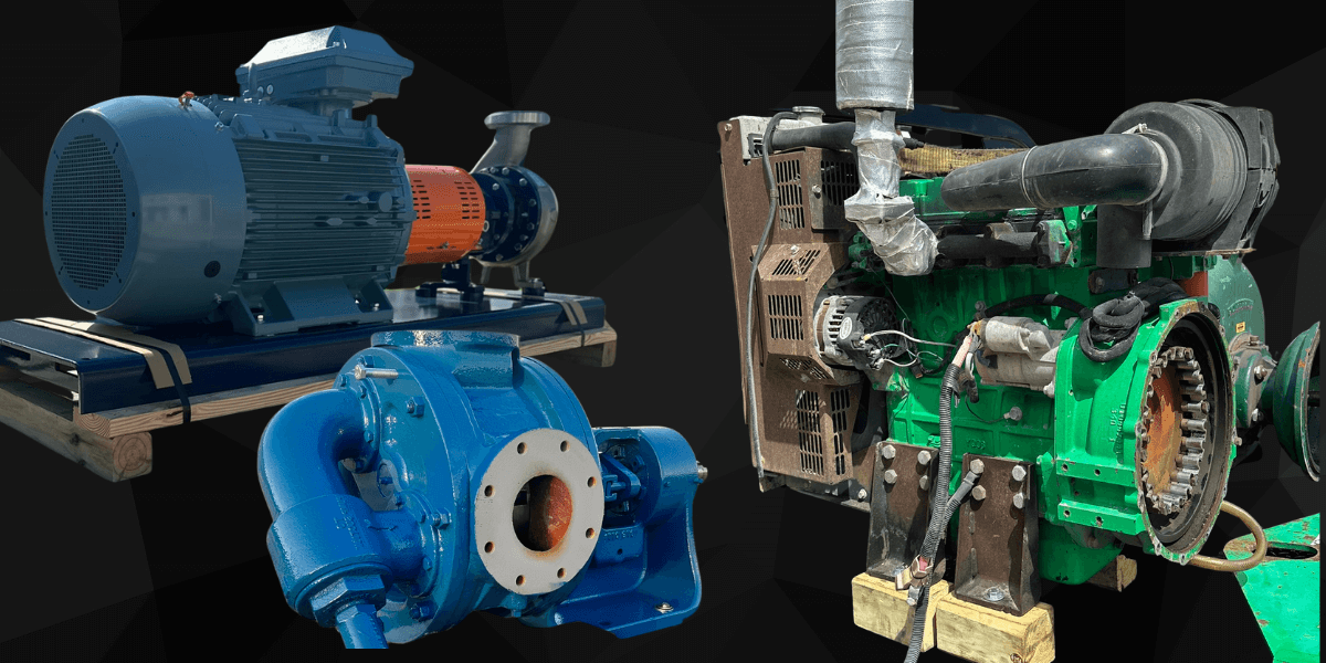 A lineup of industrial pumps and engines including a blue centrifugal pump, an electric motor-driven pump skid, and a green diesel engine pump — representing critical spare parts and fluid handling systems supported by EV Pump.