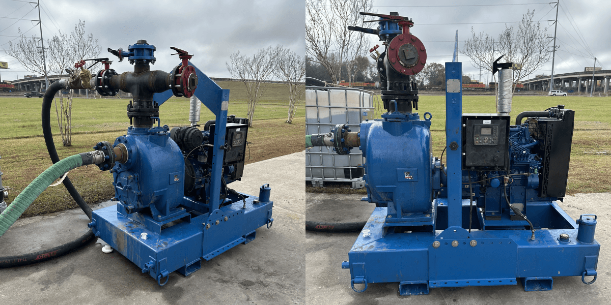 Two views of a rebuilt Tier 3 trash pump skid, painted blue on a steel frame. Left shows green suction hose and discharge valves in operation. Right reveals the diesel engine side. Photographed outdoors on concrete in Lafayette, LA.