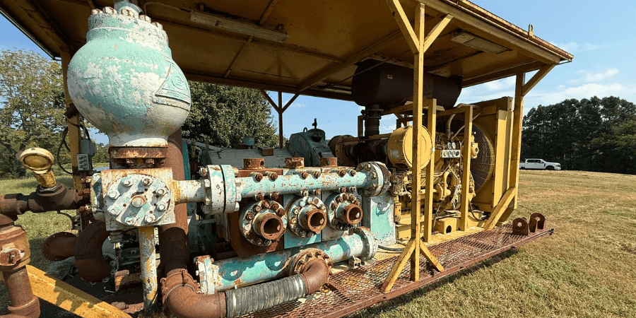 Old industrial pump skid with a large turquoise and rusted multi-port pump system mounted under a yellow metal canopy in a grassy field, used for heavy-duty fluid handling or diesel-driven operations.