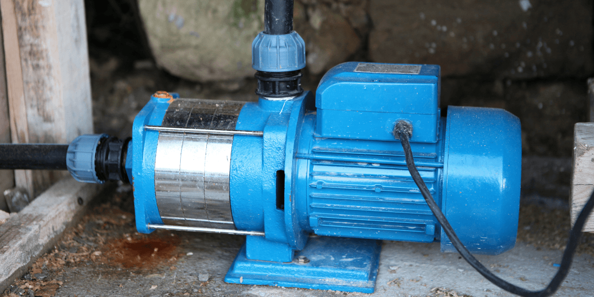 Blue horizontal multistage centrifugal pump with stainless steel body and electric motor mounted on a base.