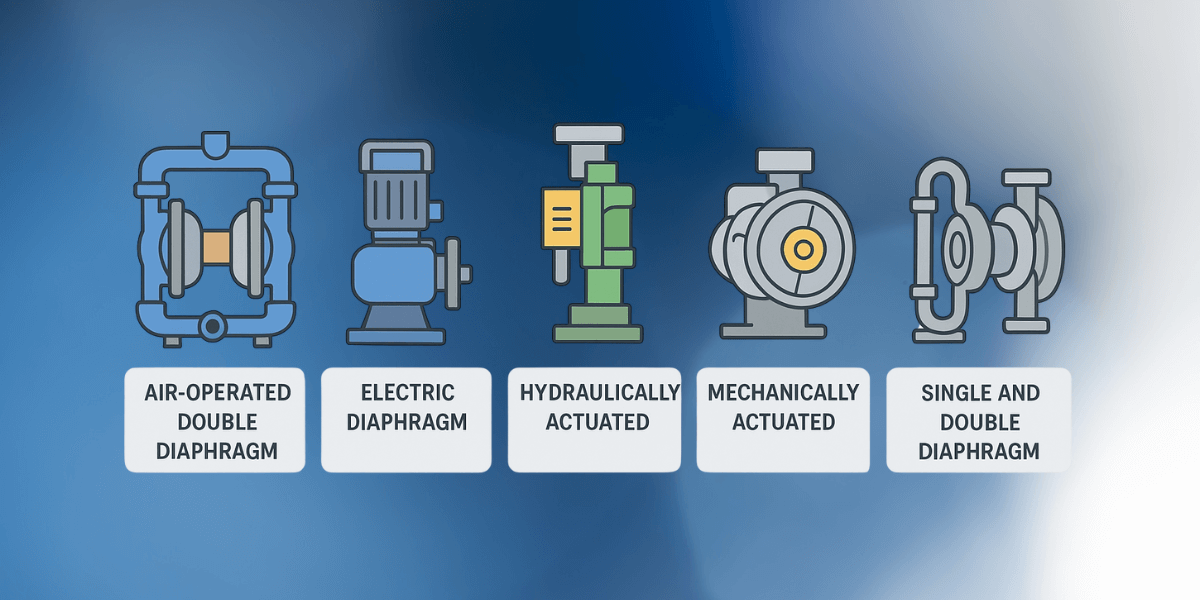 Simplified pump illustrations showing six types of diaphragm pumps: Air-Operated Double Diaphragm (AODD) Pump, Electric Diaphragm Pump, Hydraulically Actuated Diaphragm Pump, Mechanically Actuated Diaphragm Pump, Single Diaphragm Pump, and Double Diaphragm Pump, each labeled with icons.