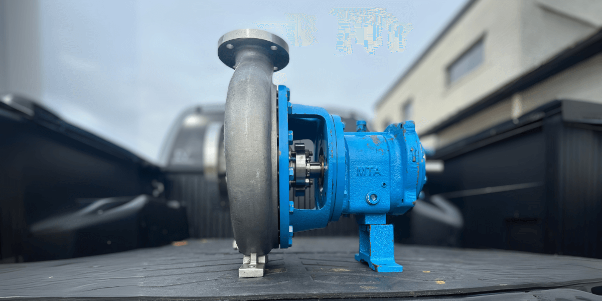 Side view of a full centrifugal pump made from CD4 material, captured during an outright sale of a new pump unit.