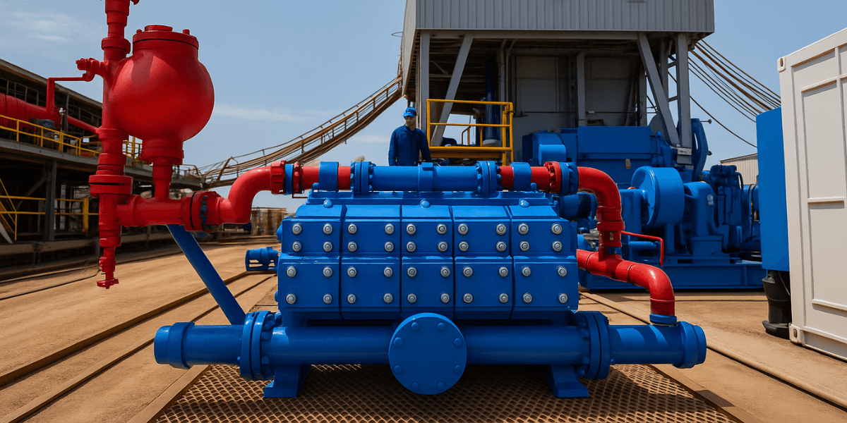 High-resolution image of a bright blue industrial mud pump connected to red piping on a drilling rig platform, with a worker standing nearby and a tall derrick structure in the background under a clear sky.