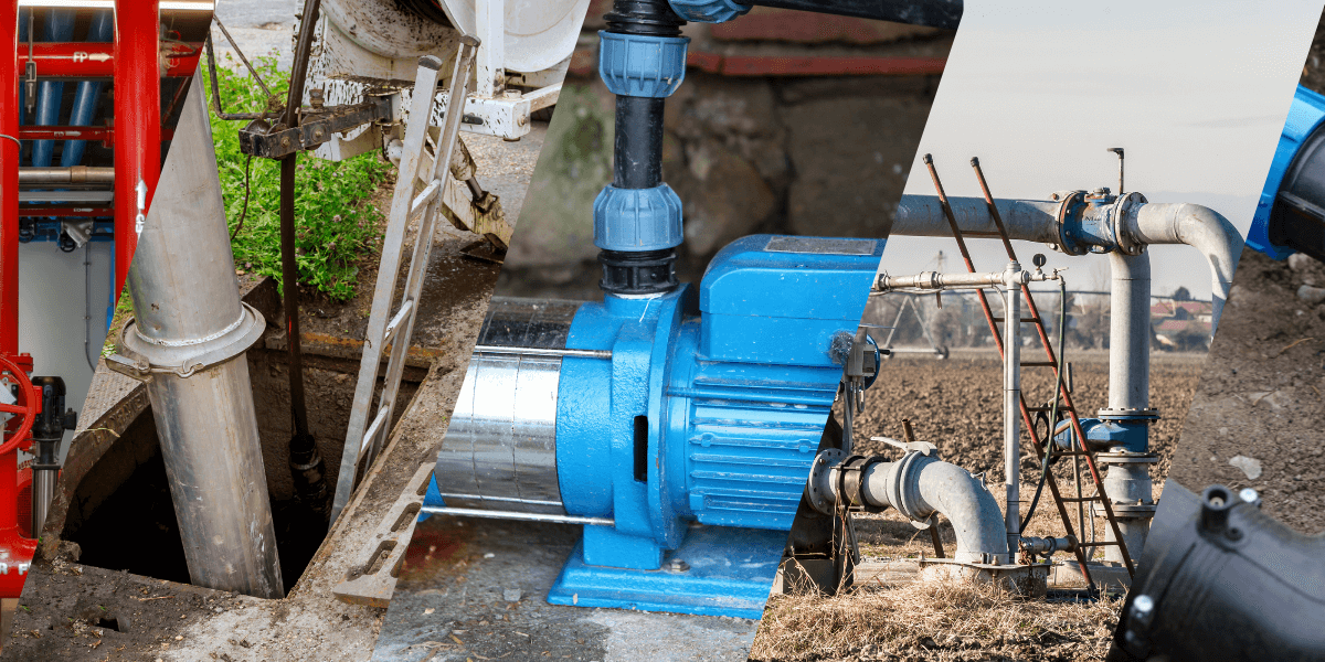 Collage of various industrial and agricultural pump systems, including a submersible pump, centrifugal pump, irrigation surface pump, and wastewater setup, representing different types of fluid handling equipment in real-world environments.
