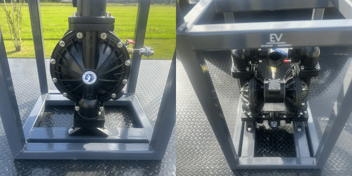 Air-operated double diaphragm pump mounted on a steel skid — EV Pump & Equipment, Lafayette, LA