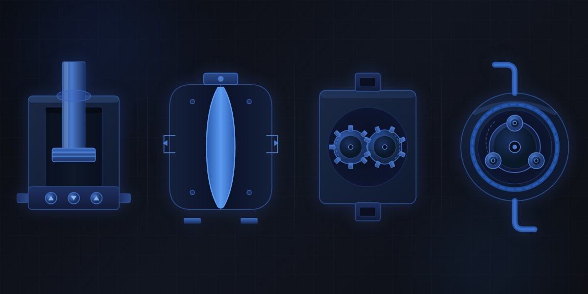 Four types of injection pumps illustrated side by side — plunger, diaphragm, gear, and peristaltic — EV Pump & Equipment, Lafayette, LA