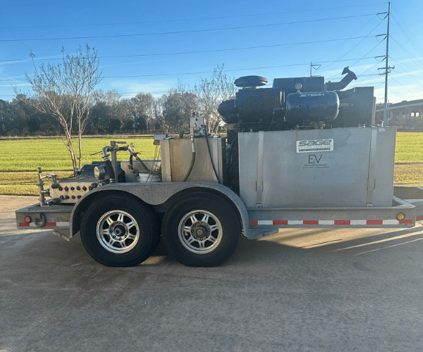 EV Pump & Equipment trailer-mounted bypass pump unit with Jetech engine, available for rental in Lafayette, LA and across the Gulf Coast