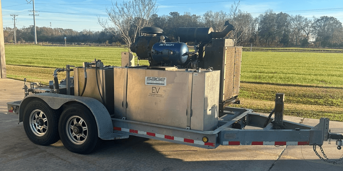 EV Pump & Equipment trailer-mounted bypass pump unit with Jetech engine, available for rental in Lafayette, LA and across the Gulf Coast